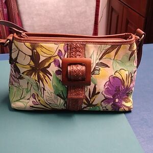 Caribbean Joe Purple and Brown Floral Shoulder Bag with Leather Accents